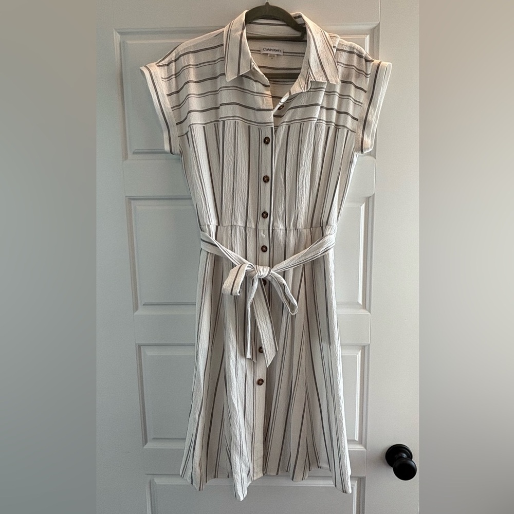 Calvin Klein Cream and Black Striped Midi Dress